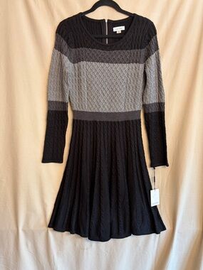 NWT Calvin Klein Black and Gray Striped Cable-Knit Long Sleeve Sweater Dress